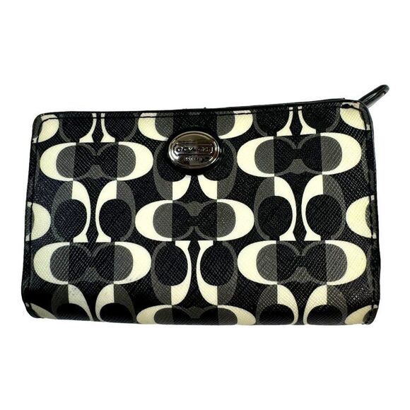 Coach Signature Black & White Accordion Wallet w/ Logo Clasp Multiple Card READ - Picture 1 of 8